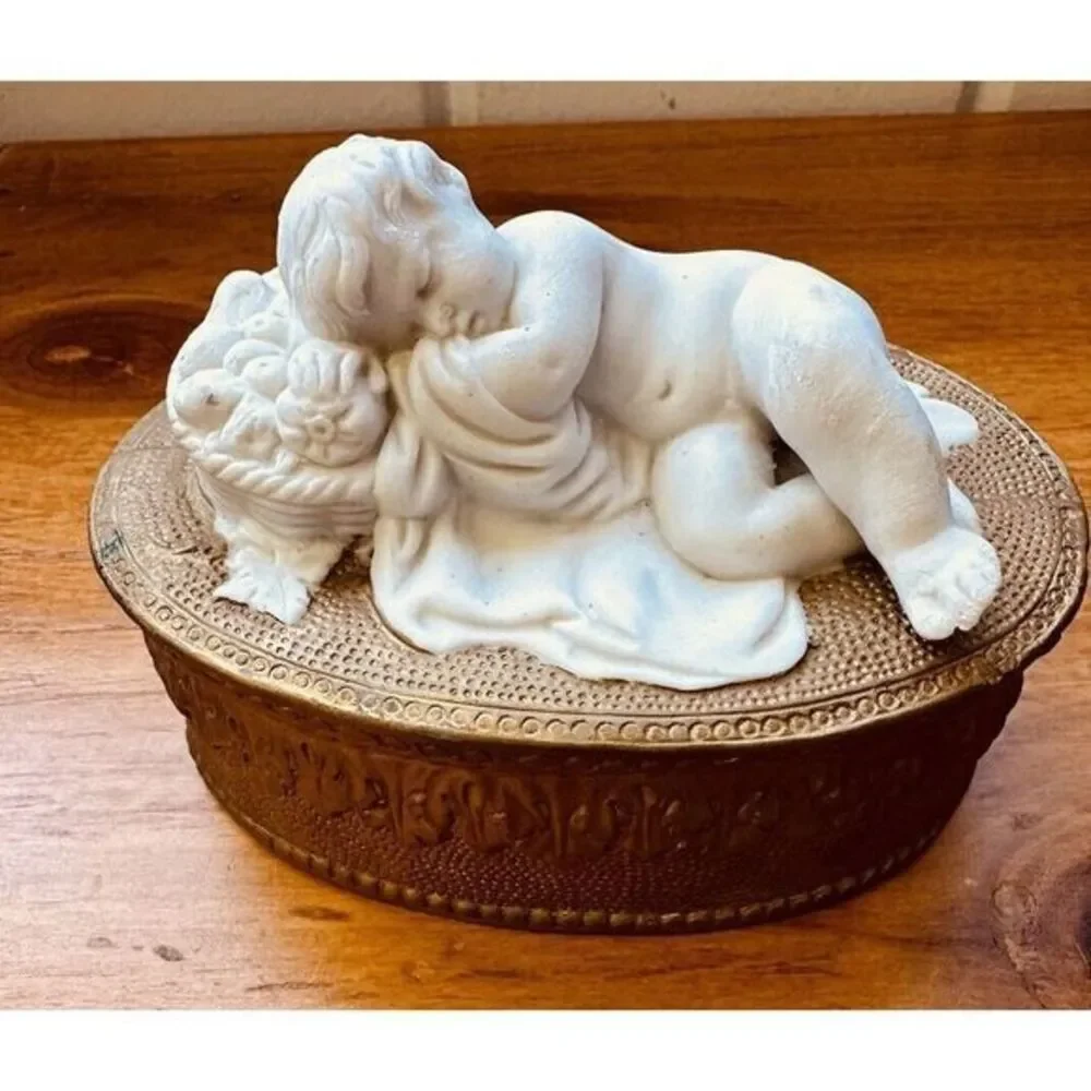 Vintage Sleeping Cherub On Fruit Basket Blanket Porcelain‎ Trinket Jewelry Box